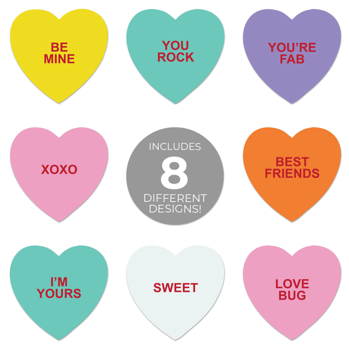 Valentine Candy Hearts Stickers / 500 Valentine's Day Labels / 1 1/8" Heart Envelope Seals / 8 Sweet Designs/Made in The USA