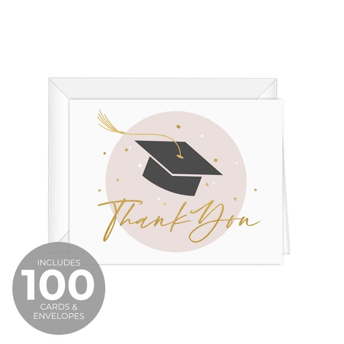 Blush Pink Graduation Thank You Cards / 100 Bulk Note Cards With White Envelopes / 5 1/2" x 4 1/4" High School College Grad Greetings / Made In The USA