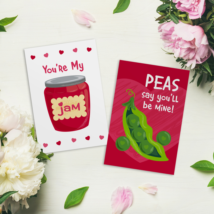 Valentine Food Pun Postcards / 25 Post Card Pack 4" x 6" / Adorable Illustrated Flat Cards For Your Loves