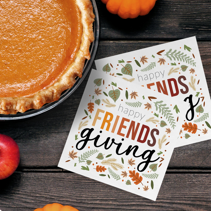 Happy Friendsgiving Napkins / 48 Thanksgiving Napkins / Stylish Autumn Leaves Cocktail Napkin Design / 4 3/4" x 4 3/4" Fall Harvest Seasonal Beverage Napkin Set / Made In The USA