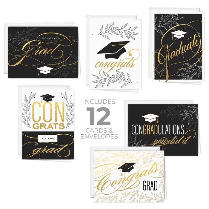 Graduation Card Assortment / Set of 12 Cards With White Envelopes / 4 5/8" x 6 1/4" Folded Grad Cards / Six Black White And Faux Gold Designs / Made In USA