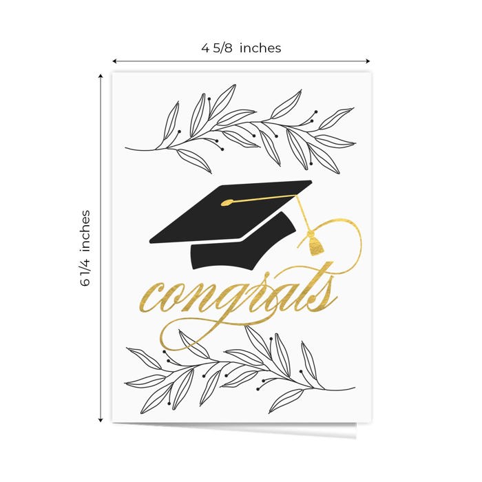 Graduation Card Assortment / Set of 12 Cards With White Envelopes / 4 5/8" x 6 1/4" Folded Grad Cards / Six Black White And Faux Gold Designs / Made In USA