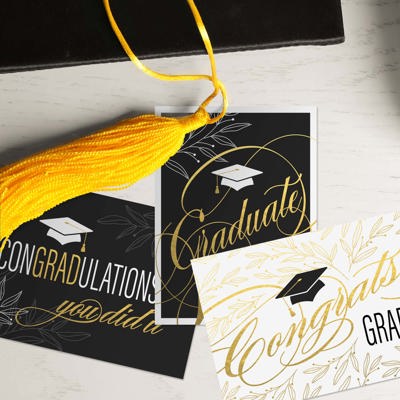 Graduation Card Assortment / Set of 12 Cards With White Envelopes / 4 5/8" x 6 1/4" Folded Grad Cards / Six Black White And Faux Gold Designs / Made In USA