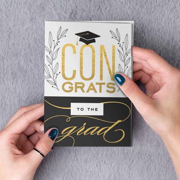 Graduation Card Assortment / Set of 12 Cards With White Envelopes / 4 5/8" x 6 1/4" Folded Grad Cards / Six Black White And Faux Gold Designs / Made In USA