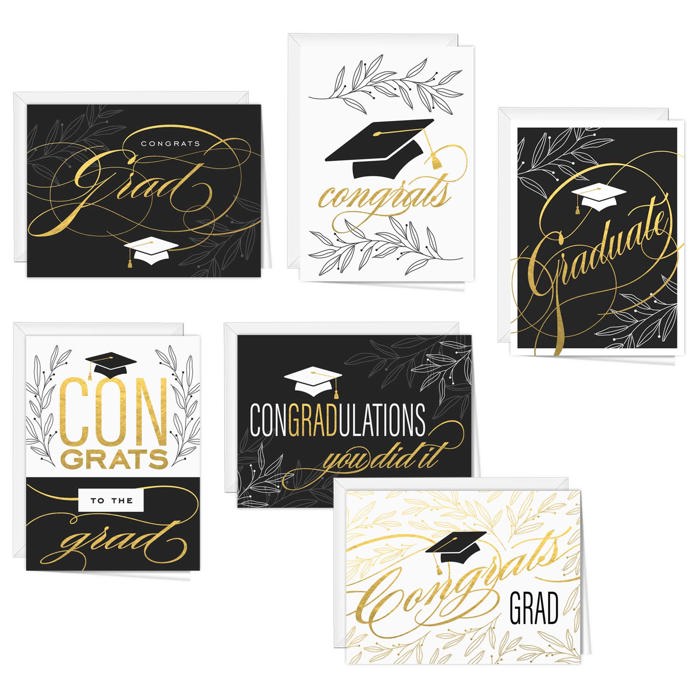 Graduation Card Assortment / Set of 12 Cards With White Envelopes / 4 5/8" x 6 1/4" Folded Grad Cards / Six Black White And Faux Gold Designs / Made In USA