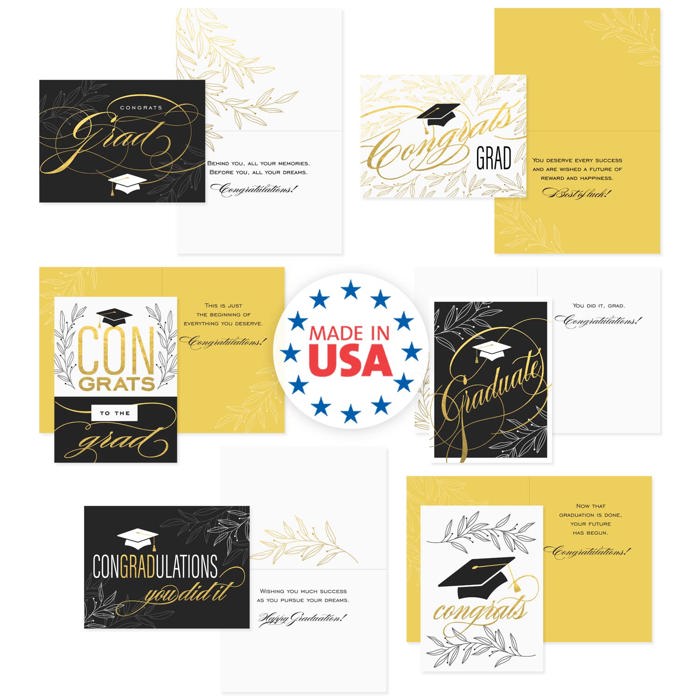 Graduation Card Assortment / Set of 12 Cards With White Envelopes / 4 5/8" x 6 1/4" Folded Grad Cards / Six Black White And Faux Gold Designs / Made In USA