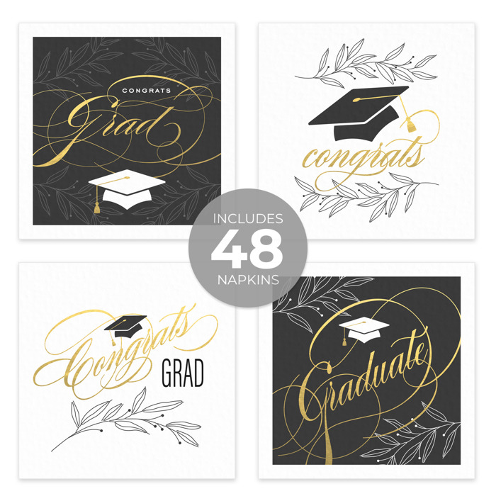 Congrats Graduation Napkins / 48 Cocktail Napkins / Four Botanical Grad Designs / Black and Faux Gold Foil Napkin Set / Made In The USA