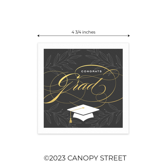 Congrats Graduation Napkins / 48 Cocktail Napkins / Four Botanical Grad Designs / Black and Faux Gold Foil Napkin Set / Made In The USA