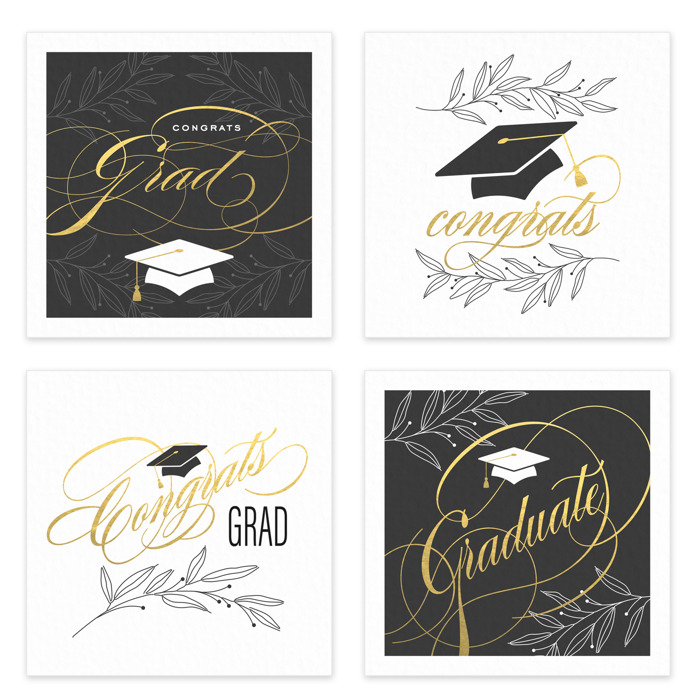 Congrats Graduation Napkins / 48 Cocktail Napkins / Four Botanical Grad Designs / Black and Faux Gold Foil Napkin Set / Made In The USA