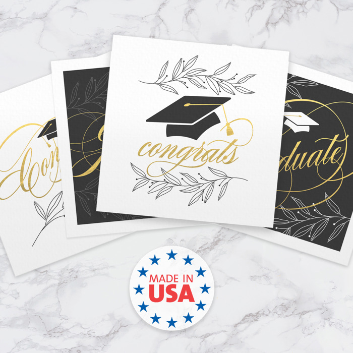Congrats Graduation Napkins / 48 Cocktail Napkins / Four Botanical Grad Designs / Black and Faux Gold Foil Napkin Set / Made In The USA