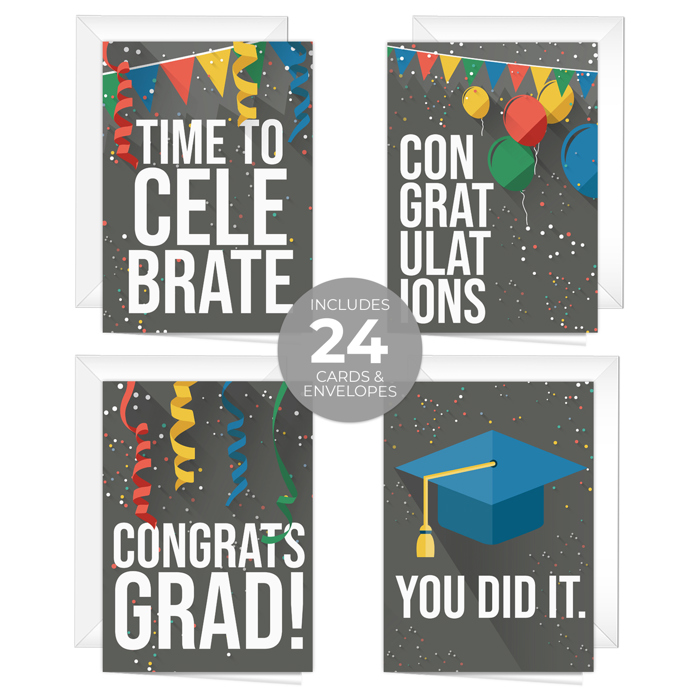 Colorful Graduation Card Assortment / Set of 24 Cards With White Envelopes / Four Modern Designs