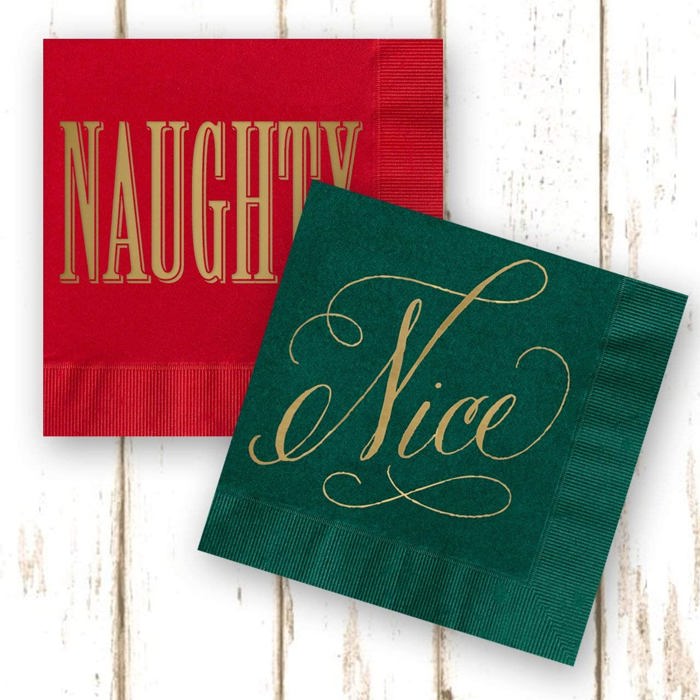 Naughty And Nice Cocktail Napkins / 40 Funny 3 Ply Paper Christmas Napkins / 2 Santa Designs / 4 3/4" x 4 3/4" Red And Green With Gold Foil Winter Holiday Beverage Napkin Set / Made In The USA