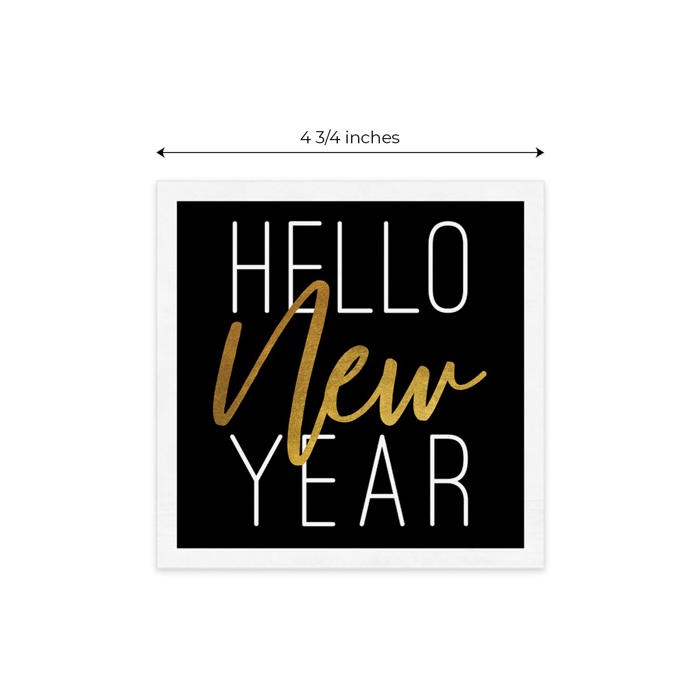 New Year Party Beverage Napkins / 48 Holiday Cocktail Napkins / 4 Black And Faux Gold Party Designs / 4 3/4" x 4 3/4" New Years Eve 3 Ply Napkin Set / Made In The USA