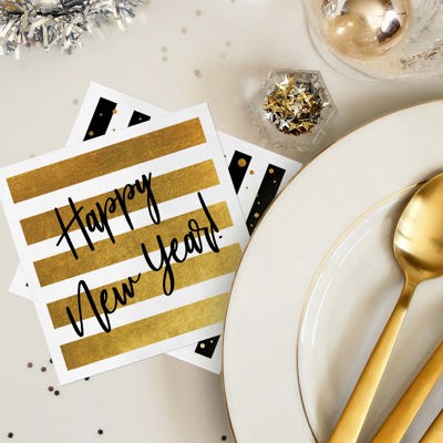 New Year Party Beverage Napkins / 48 Holiday Cocktail Napkins / 4 Black And Faux Gold Party Designs / 4 3/4" x 4 3/4" New Years Eve 3 Ply Napkin Set / Made In The USA