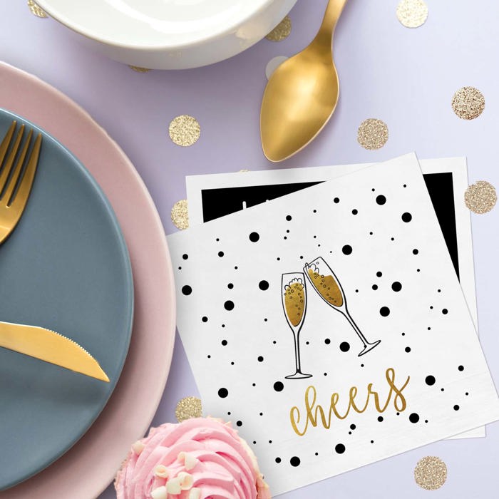 New Year Party Beverage Napkins / 48 Holiday Cocktail Napkins / 4 Black And Faux Gold Party Designs / 4 3/4" x 4 3/4" New Years Eve 3 Ply Napkin Set / Made In The USA