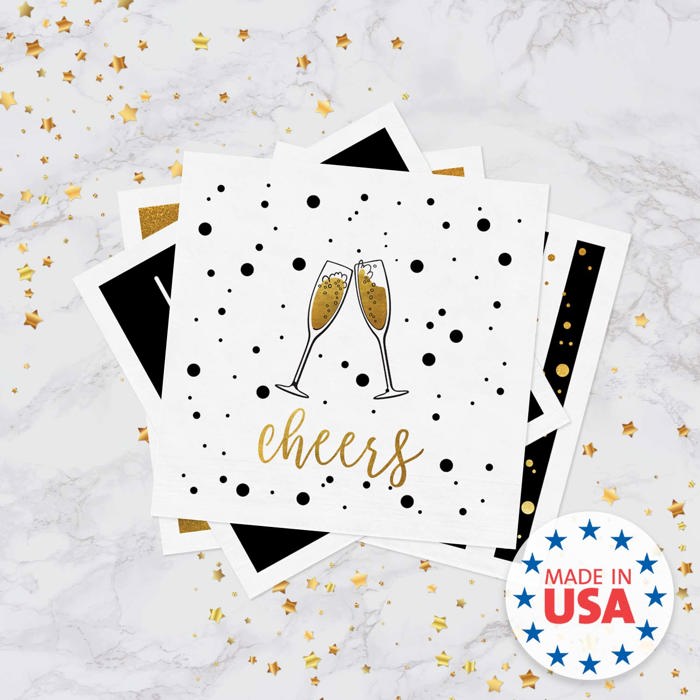 New Year Party Beverage Napkins / 48 Holiday Cocktail Napkins / 4 Black And Faux Gold Party Designs / 4 3/4" x 4 3/4" New Years Eve 3 Ply Napkin Set / Made In The USA