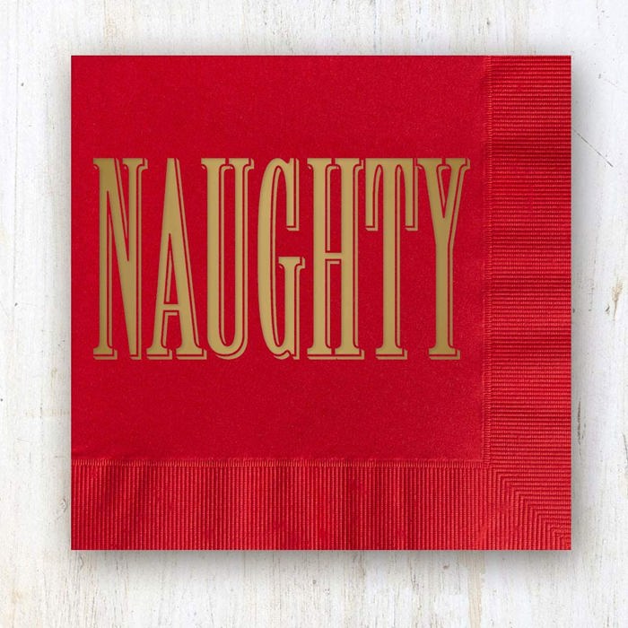 Naughty And Nice Cocktail Napkins / 40 Funny 3 Ply Paper Christmas Napkins / 2 Santa Designs / 4 3/4" x 4 3/4" Red And Green With Gold Foil Winter Holiday Beverage Napkin Set / Made In The USA