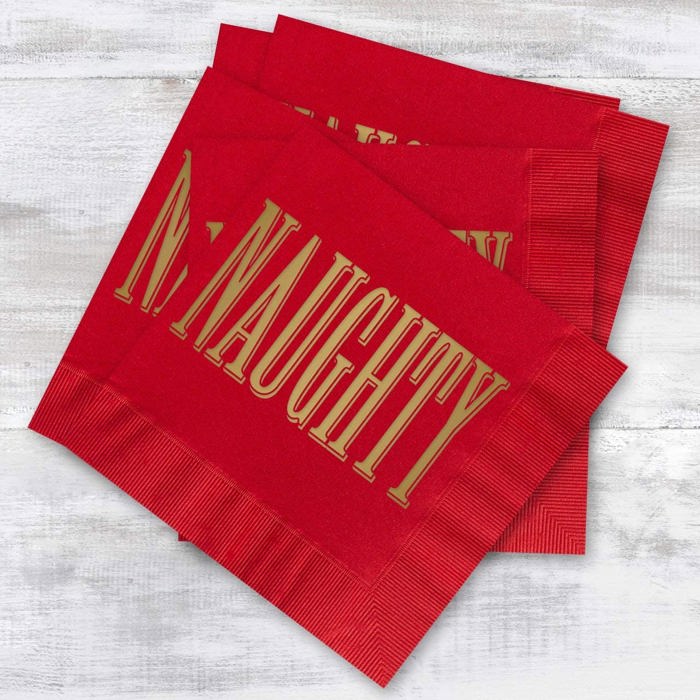 Naughty And Nice Cocktail Napkins / 40 Funny 3 Ply Paper Christmas Napkins / 2 Santa Designs / 4 3/4" x 4 3/4" Red And Green With Gold Foil Winter Holiday Beverage Napkin Set / Made In The USA