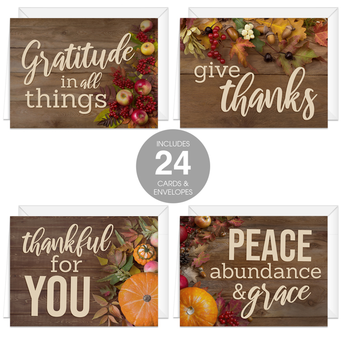 Rustic Thanksgiving Cards / 24 Heartfelt Autumn Note Cards / 4 5/8" x 6 1/4" Classic Fall Greeting Cards / 4 Nostalgic Table Feast Card Designs