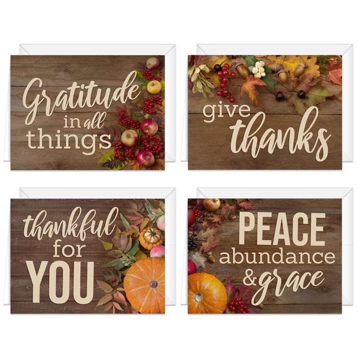 Rustic Thanksgiving Cards / 24 Heartfelt Autumn Note Cards / 4 5/8" x 6 1/4" Classic Fall Greeting Cards / 4 Nostalgic Table Feast Card Designs