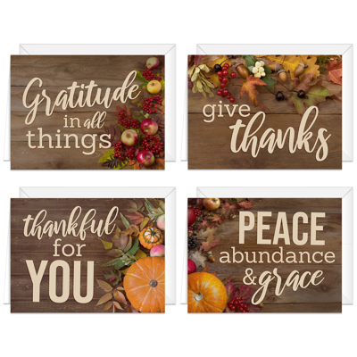 Rustic Thanksgiving Cards / 24 Heartfelt Autumn Note Cards / 4 5/8" x 6 1/4" Classic Fall Greeting Cards / 4 Nostalgic Table Feast Card Designs
