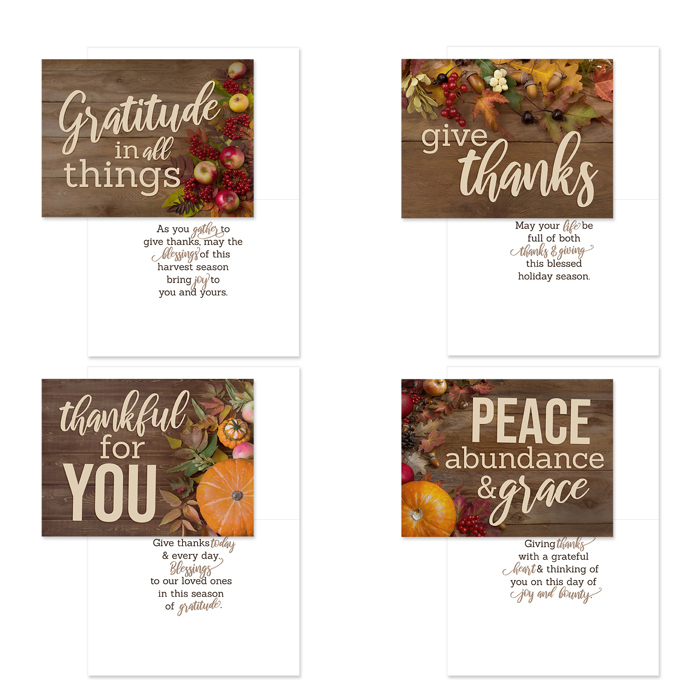 Rustic Thanksgiving Cards / 24 Heartfelt Autumn Note Cards / 4 5/8" x 6 1/4" Classic Fall Greeting Cards / 4 Nostalgic Table Feast Card Designs