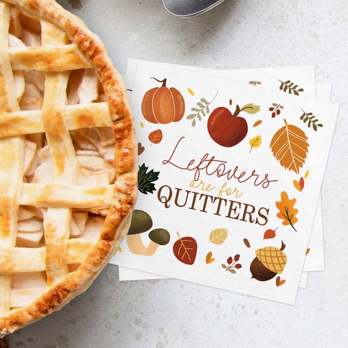 Leftovers Are For Quitters Beverage Napkins / 48 Snarky Thanksgiving Napkins / 4 3/4" x 4 3/4" Autumn Foliage Friendsgiving 3 Ply Cocktail Napkin / Fall Party Supplies / Made In The USA