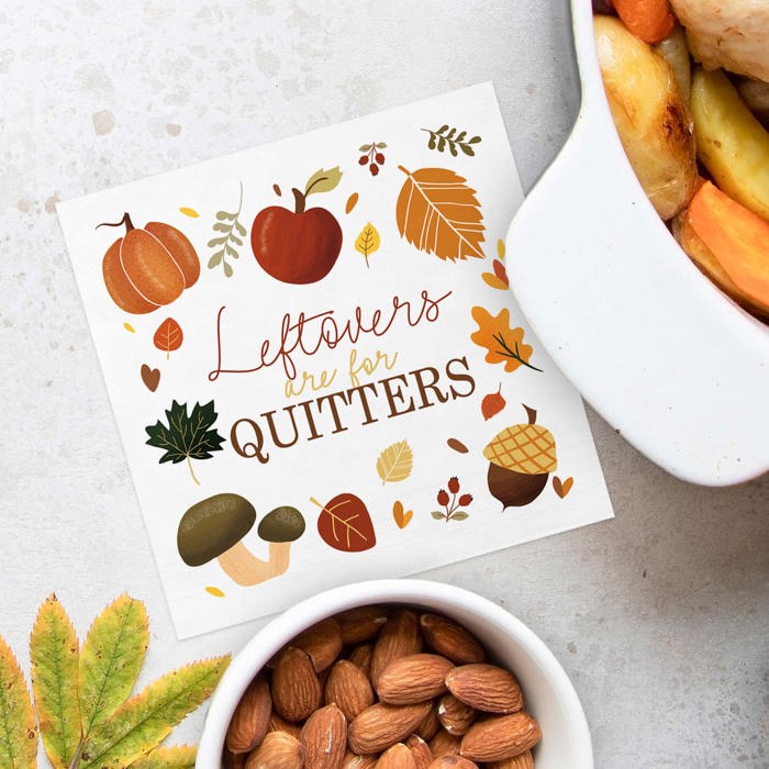 Leftovers Are For Quitters Beverage Napkins / 48 Snarky Thanksgiving Napkins / 4 3/4" x 4 3/4" Autumn Foliage Friendsgiving 3 Ply Cocktail Napkin / Fall Party Supplies / Made In The USA