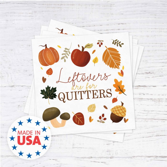 Leftovers Are For Quitters Beverage Napkins / 48 Snarky Thanksgiving Napkins / 4 3/4" x 4 3/4" Autumn Foliage Friendsgiving 3 Ply Cocktail Napkin / Fall Party Supplies / Made In The USA