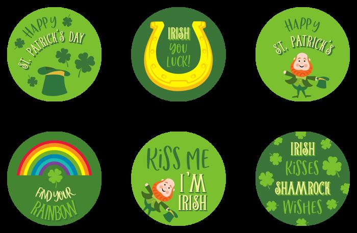 St. Patrick's Day Stickers / 6 Luck Of The Irish Designs / Roll of 250 Circle Labels / 1.5" Lucky Clover Classroom Stickers Stickers / Made In The USA 