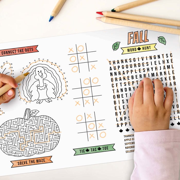 Thanksgiving Coloring Activity Placemats / 12 Happy Fall Coloring Sheets / 11" x 17" Double Sided Kids Fall Holiday Drawing Paper / Disposable Placemats / Made In The USA