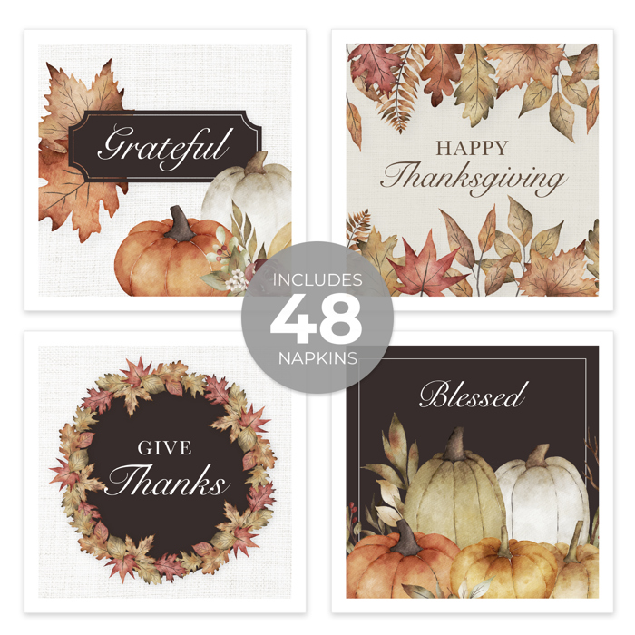Traditional Thanksgiving Napkins / 48 Fall Leaves Napkins / 4 Autumn Watercolor Cocktail Napkin Designs / 4 3/4" x 4 3/4" Harvest Season 3 Ply Beverage Napkin Set / Made In The USA