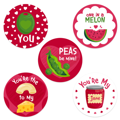 Valentine Food Pun Stickers / Roll of 500 1.5" Circle Labels / Adorable Illustrated Decals 