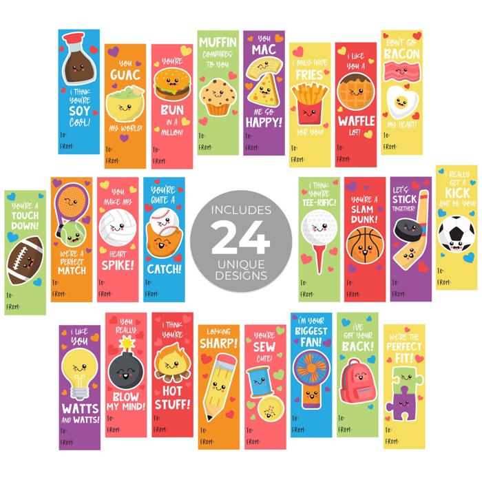 Kids Valentine Bookmark Assortment / 2" x 6" Paper Bookmarks / Bulk Set Of 24 Sweet Valentines Day Quotemarks / Made In USA