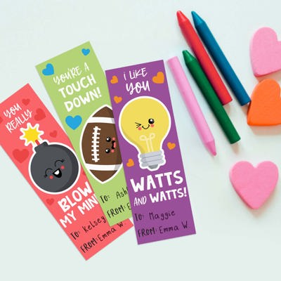 Kids Valentine Bookmark Assortment / 2" x 6" Paper Bookmarks / Bulk Set Of 24 Sweet Valentines Day Quotemarks / Made In USA