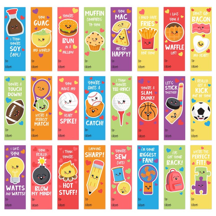 Kids Valentine Bookmark Assortment / 2" x 6" Paper Bookmarks / Bulk Set Of 24 Sweet Valentines Day Quotemarks / Made In USA