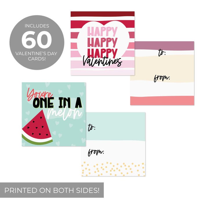 Mini Valentine's Day Cards / 3.5" x 3.5" Two Sided Love Day Classroom Cards / 60 Cute Funny To From Happy Valentine's Day Cards / Made In The USA