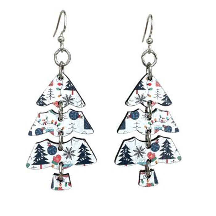 White Plaid Christmas Tree Earrings