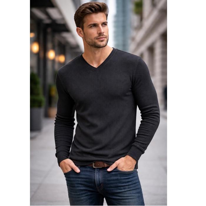 3-Pack Men’s Long Sleeve Waffle Knit Thermal Shirt – V-Neck, Modern Fit, Warm Layering Top