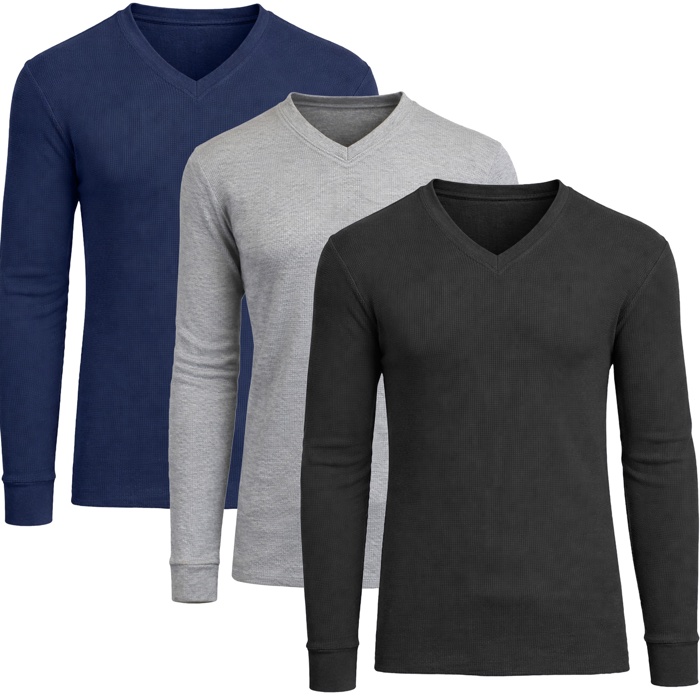 3-Pack Men’s Long Sleeve Waffle Knit Thermal Shirt – V-Neck, Modern Fit, Warm Layering Top