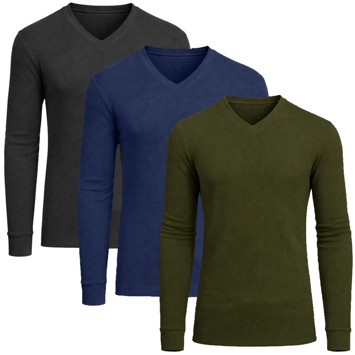 3-Pack Men’s Long Sleeve Waffle Knit Thermal Shirt – V-Neck, Modern Fit, Warm Layering Top