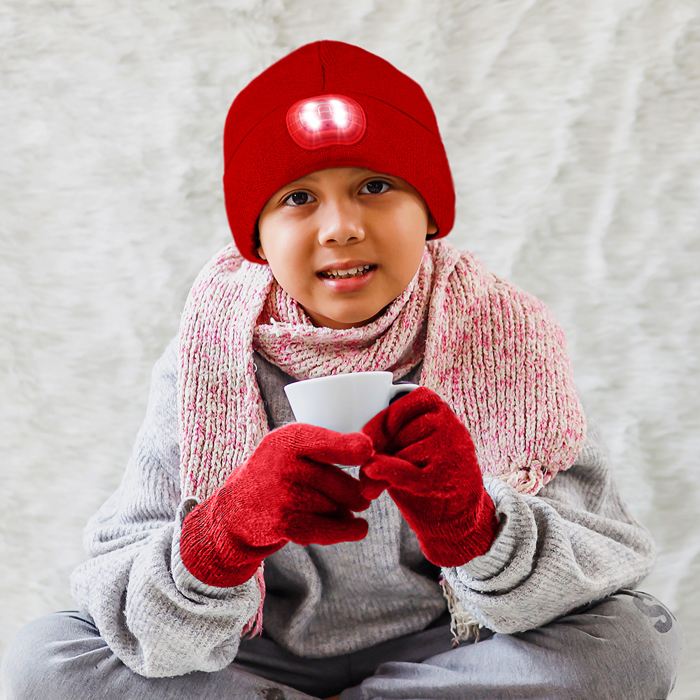 Kids Led Beanie & Glove Beanie Set - Red