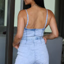  Round of Applause Spaghetti Strap Belted Denim Romper for Women