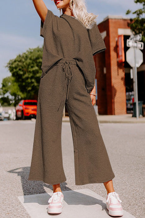 Manhattan Textured Brown Drawstring Pants Set for Women