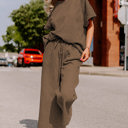 Large Manhattan Textured Brown Drawstring Pants Set for Women