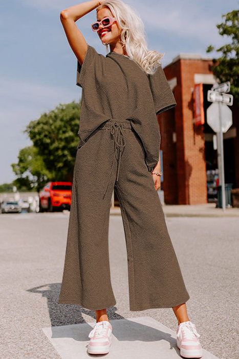 Manhattan Textured Brown Drawstring Pants Set for Women