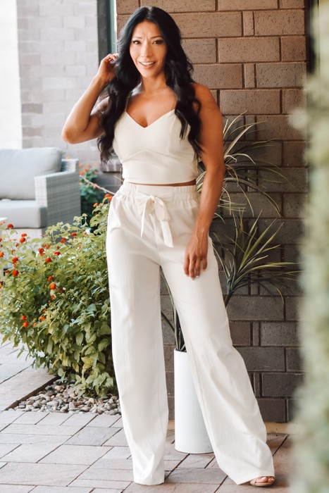Sofia Beige Two-Piece Pant Set with Elastic Waist for Women