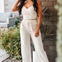 Medium Sofia Beige Two-Piece Pant Set with Elastic Waist for Women