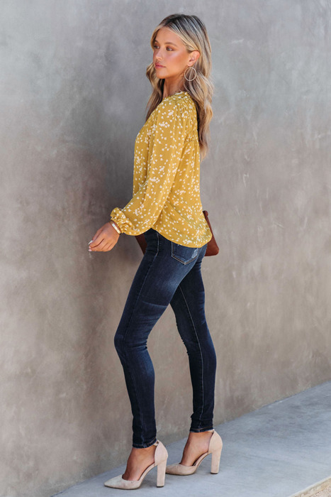 Spring Chic & Comfy Split Neck Printed Crinkled Blouse for Women