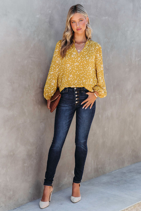 Spring Chic & Comfy Split Neck Printed Crinkled Blouse for Women